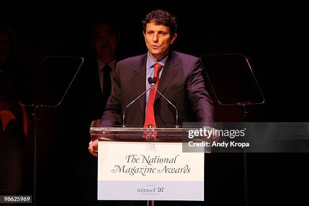 Editor of The New Yorker David Remnick accepts an award at the 45th Annual National Magazine Awards at Alice Tully Hall, Lincoln Center on April 22,...