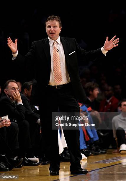 Head coach Scott Brooks of the Oklahoma City Thunder signals against the Los Angeles Lakers during Game Two of the Western Conference Quarterfinals...