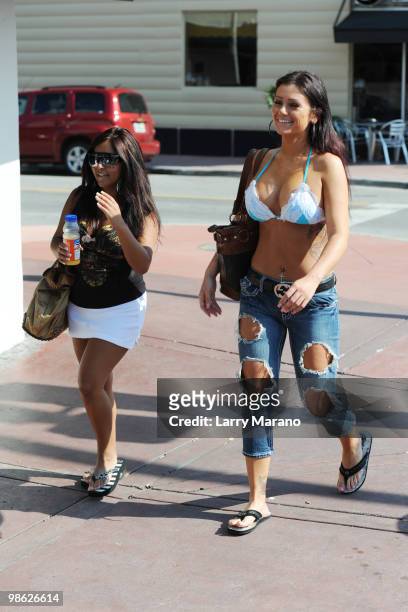 Nicole 'Snooki' Polizzi and Jenni 'J Wow' Farley are sighted on April 22, 2010 in Miami Beach, Florida.