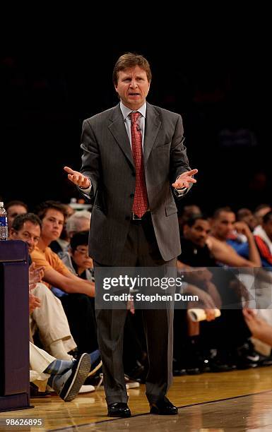 Head coach Scott Brooks of the Oklahoma City Thunder gestures in the game against the Los Angeles Lakers during Game One of the Western Conference...