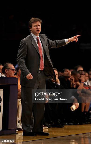 Head coach Scott Brooks of the Oklahoma City Thunder gestures in the game against the Los Angeles Lakers during Game One of the Western Conference...