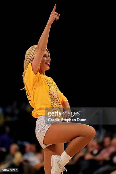 Laker Girl performs as the Los Angeles Lakers play the Oklahoma City Thunder during Game One of the Western Conference Quarterfinals of the 2010 NBA...