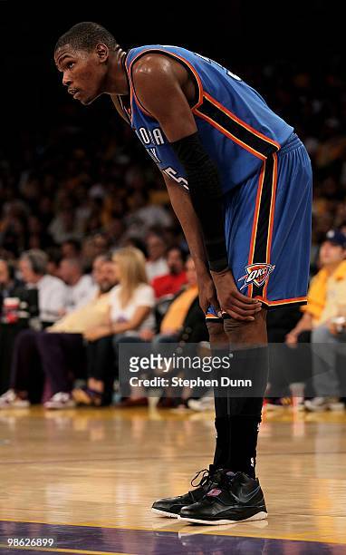 Kevin Durant of the Oklahoma City Thunder on the court against the Los Angeles Lakers during Game One of the Western Conference Quarterfinals of the...