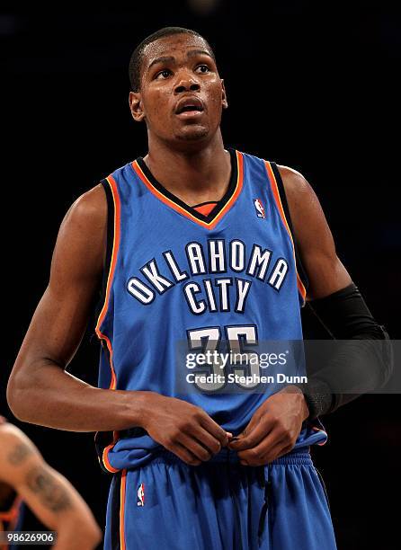 Kevin Durant of the Oklahoma City Thunder on the court against the Los Angeles Lakers during Game One of the Western Conference Quarterfinals of the...