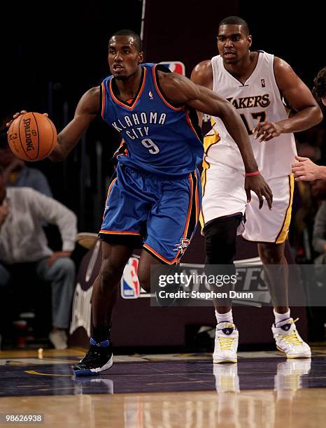 Serge Ibaka of the Oklahoma City Thunder starts a fast break against the Los Angeles Lakers during Game One of the Western Conference Quarterfinals...