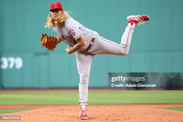 John Lamb of the Los Angeles Angels pitches in the first inning of a game against the Boston Red Sox at Fenway Park on June 26, 2018 in Boston,...