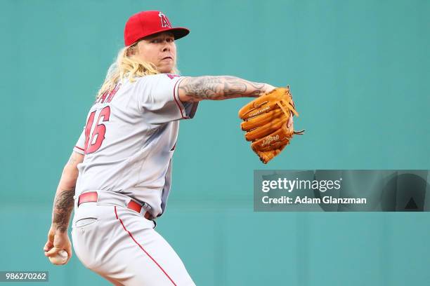 John Lamb of the Los Angeles Angels pitches in the first inning of a game against the Boston Red Sox at Fenway Park on June 26, 2018 in Boston,...