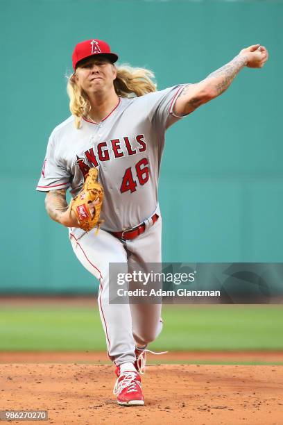 John Lamb of the Los Angeles Angels pitches in the first inning of a game against the Boston Red Sox at Fenway Park on June 26, 2018 in Boston,...