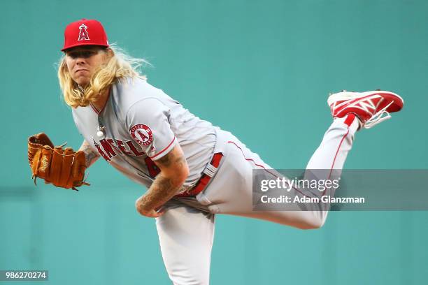 John Lamb of the Los Angeles Angels pitches in the first inning of a game against the Boston Red Sox at Fenway Park on June 26, 2018 in Boston,...