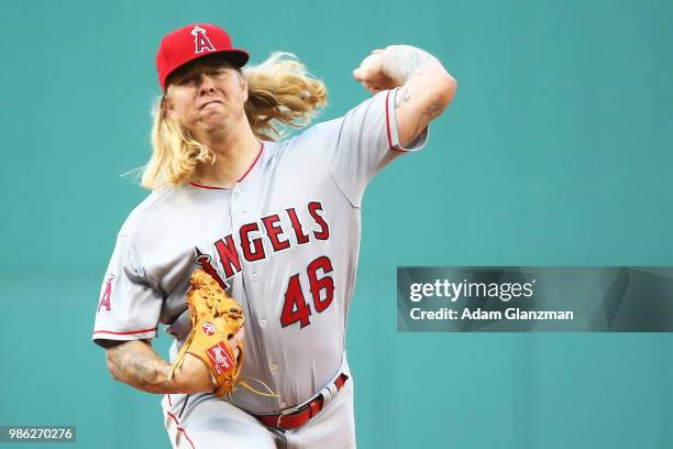 John Lamb of the Los Angeles Angels pitches in the first inning of a game against the Boston Red Sox at Fenway Park on June 26, 2018 in Boston,...