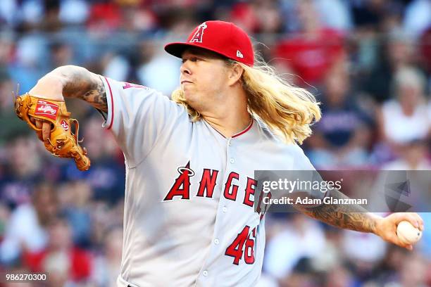 John Lamb of the Los Angeles Angels pitches in the second inning of a game against the Boston Red Sox at Fenway Park on June 26, 2018 in Boston,...