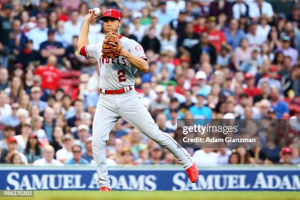 Andrelton Simmons of the Los Angeles Angels throws to first base in ethics's second dinning of a game against the Boston Red Sox at Fenway Park on...