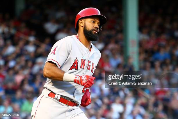 Chris Young of the Los Angeles Angels rounds the bases after hitting a solo home run in the third inning of a game against the Boston Red Sox at...
