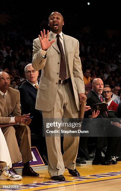 Assistant coach Brian Shaw of the Los Angeles Lakers gives instructions against the Oklahoma City Thunder during Game One of the Western Conference...