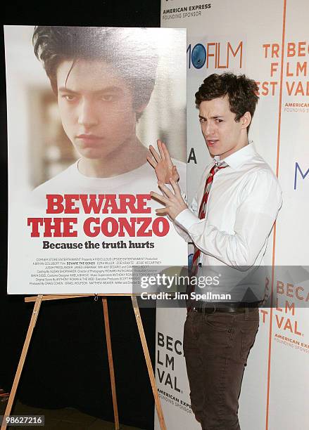 Griffin Newman attends the premiere of "Beware The Gonzo" during the 9th annual Tribeca Film Festival at the Tribeca Performing Arts Center on April...