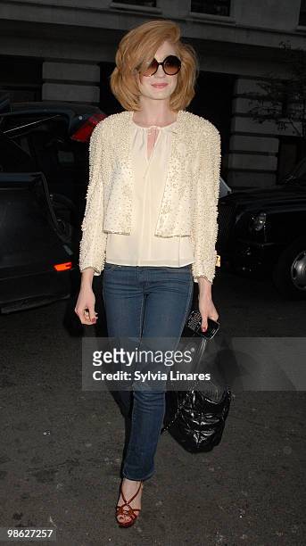 Nicola Roberts leaving a Mayfair hotel on April 22, 2010 in London, England.