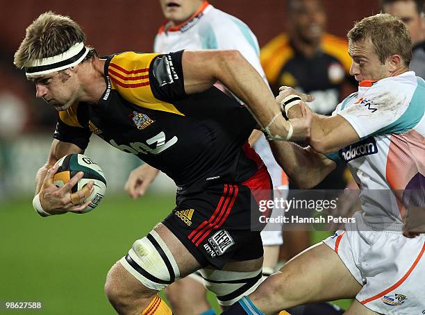 Craig Clarke of the Chiefs makes a break during the round 11 Super 14 match between the Chiefs and the Cheetahs at Waikato Stadium on April 23, 2010...