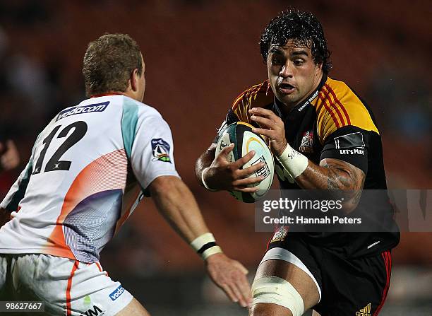 Liam Messam of the Chiefs charges forward during the round 11 Super 14 match between the Chiefs and the Cheetahs at Waikato Stadium on April 23, 2010...