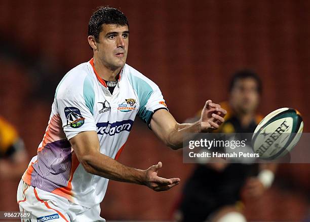 Hennie Daniller of the Cheetahs passes the ball out during the round 11 Super 14 match between the Chiefs and the Cheetahs at Waikato Stadium on...