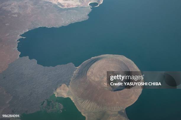 An aerial image shows a part of Lake Turkana, the world's largest desert lake, in nothern Kenya on June 28, 2018. - The World Heritage Committee...