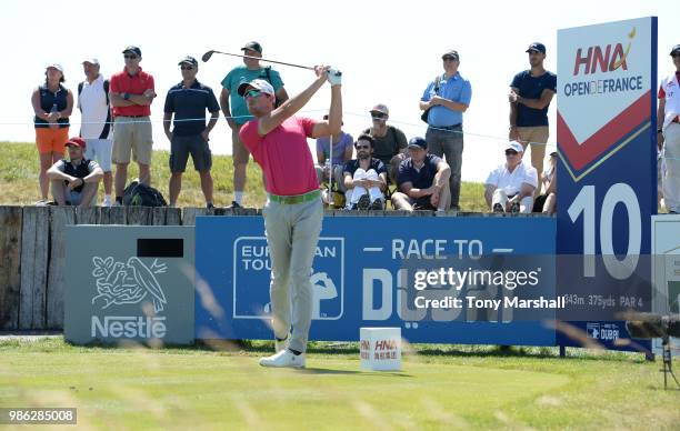 Alexander Bjork of Sweden plays his first shot on the 10th tee during Day One of the HNA Open de France at Le Golf National on June 28, 2018 in...