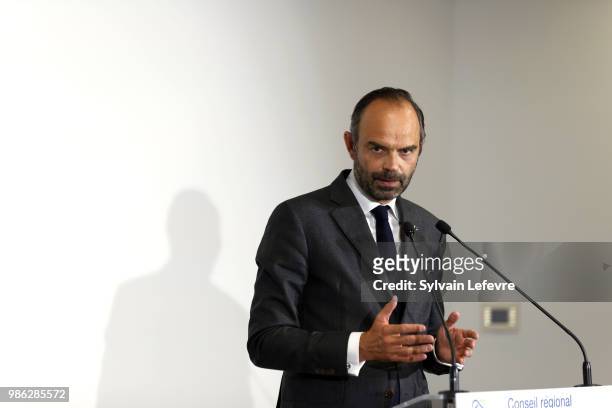 French Prime Minister Edouard Philippe delivers a speech as part of his visit in Lille on June 28, 2018 in Lille, France.