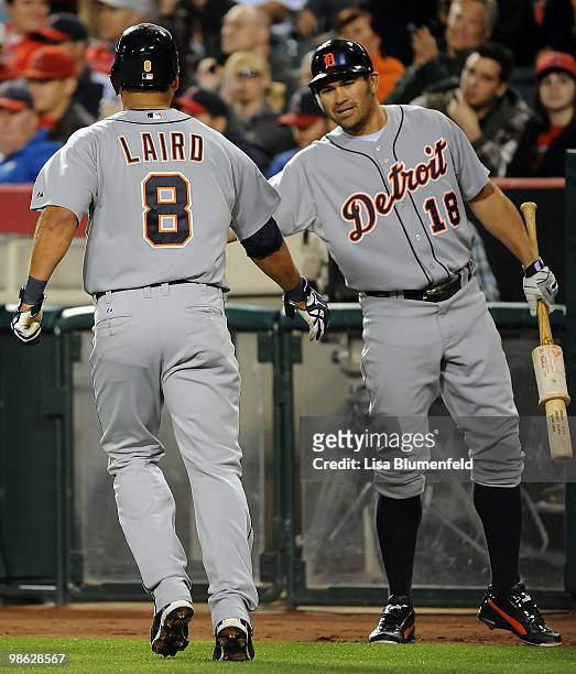 Gerald Laird celebrates with teammate Johnny Damon of the Detroit Tiger after scoring in the second inning against the Los Angeles Angels of Anaheim...
