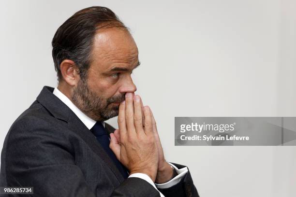 French Prime Minister Edouard Philippe attends a meeting as part of his visit in Lille on June 28, 2018 in Lille, France.