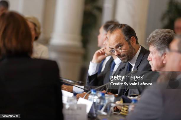 French Prime Minister Edouard Philippe attends a meeting as part of his visit in Lille on June 28, 2018 in Lille, France.