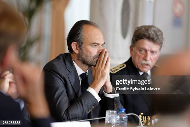 French Prime Minister Edouard Philippe attends a meeting as part of his visit in Lille on June 28, 2018 in Lille, France.