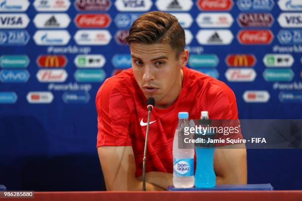 Jan Bednarek of Poland attends the post match press confernce following the 2018 FIFA World Cup Russia group H match between Japan and Poland at...