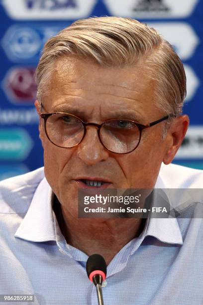 Adam Nawalka of Poland attends the post match press confernce following the 2018 FIFA World Cup Russia group H match between Japan and Poland at...