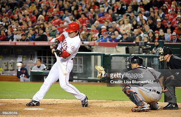 Hideki Matsui of the Los Angeles Angels of Anaheim hits a homerun in the fifth inning against the Detroit Tigers at Angel Stadium of Anaheim on April...