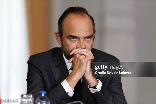 French Prime Minister Edouard Philippe attends a meeting as part of his visit in Lille on June 28, 2018 in Lille, France.