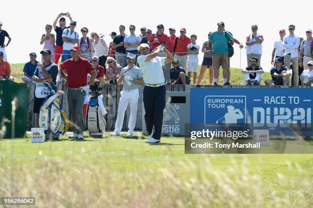 Jose Maria Olazabal of Spain plays his first shot on the 10th tee during Day One of the HNA Open de France at Le Golf National on June 28, 2018 in...