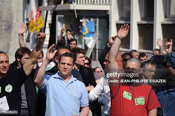 French railway company SNCF employees vote to decide wether or not to follow of the strike against jobs cuts on April 19, 2010 at the train station...