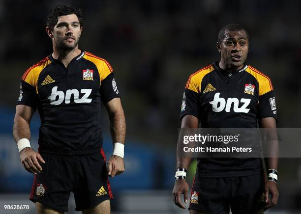 Stephen Donald and Sitiveni Sivivatu of the Chiefs wait for a scrum to pack down during the round 11 Super 14 match between the Chiefs and the...