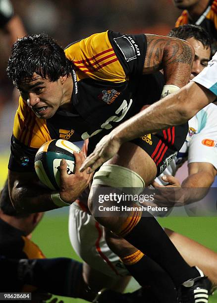 Liam Messam of the Chiefs charges forward during the round 11 Super 14 match between the Chiefs and the Cheetahs at Waikato Stadium on April 23, 2010...