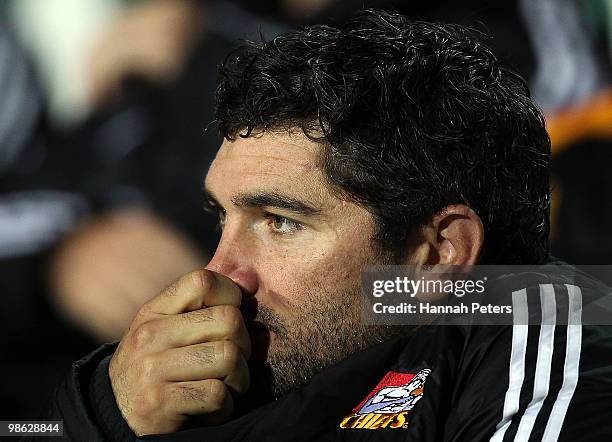 Stephen Donald of the Chiefs sits on the bench during the round 11 Super 14 match between the Chiefs and the Cheetahs at Waikato Stadium on April 23,...