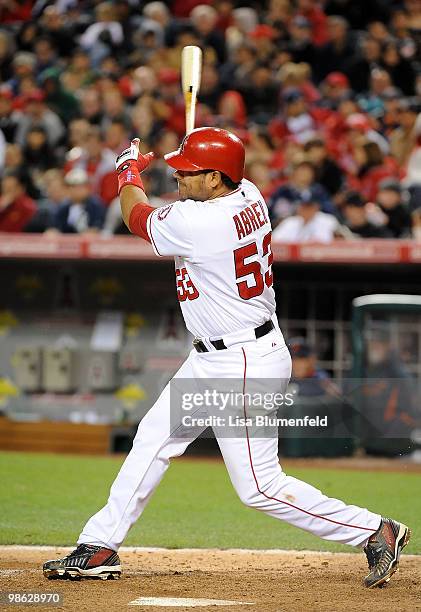 Bobby Abreu of the Los Angeles Angels of Anaheim hits a double in the seventh inning against the Detroit Tigers at Angel Stadium of Anaheim on April...