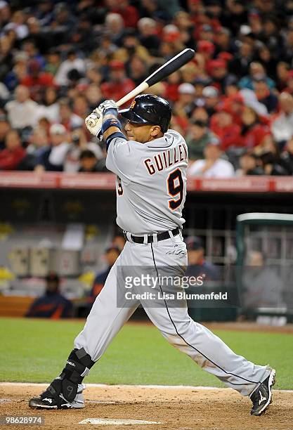 Carlos Guillen of the Detroit Tiger hits a double in the fifth inning against the Los Angeles Angels of Anaheim at Angel Stadium of Anaheim on April...