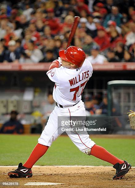 Reggie Willits of the Los Angeles Angels of Anaheim at bat against the Detroit Tigers at Angel Stadium of Anaheim on April 22, 2010 in Anaheim,...