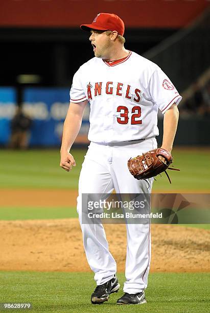 Pitcher Matt Palmer of the Los Angeles Angels of Anaheim reacts during the game against the Detroit Tigers at Angel Stadium of Anaheim on April 22,...