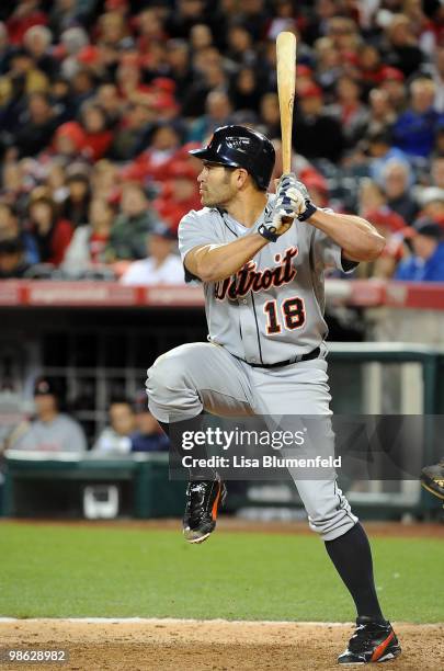 Johnny Damon of the Detroit Tigers at bat during the game against the Los Angeles Angels of Anaheim at Angel Stadium of Anaheim on April 22, 2010 in...