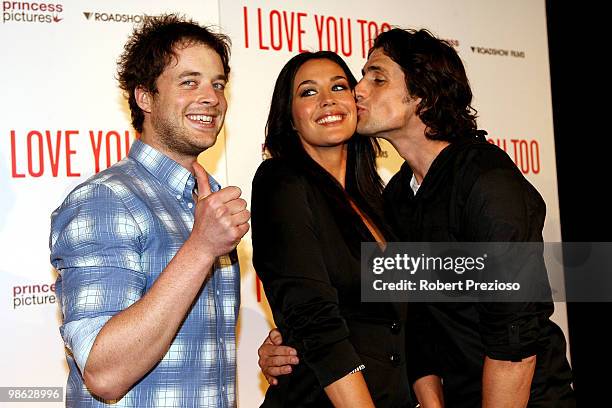 Hamish Blake, Andy Lee and Megan Gale attend the premiere of "I Love You Too" at Village Jam Factory on April 23, 2010 in Melbourne, Australia.