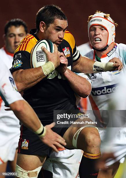 Colin Bourke of the Chiefs charges forward during the round 11 Super 14 match between the Chiefs and the Cheetahs at Waikato Stadium on April 23,...