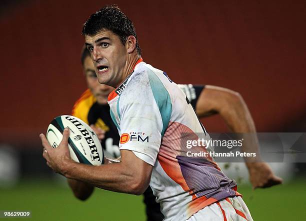 Hennie Daniller of the Cheetahs makes a break during the round 11 Super 14 match between the Chiefs and the Cheetahs at Waikato Stadium on April 23,...