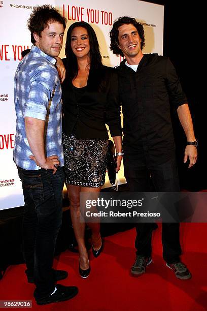 Hamish Blake, Andy Lee and Megan Gale attend the premiere of "I Love You Too" at Village Jam Factory on April 23, 2010 in Melbourne, Australia.