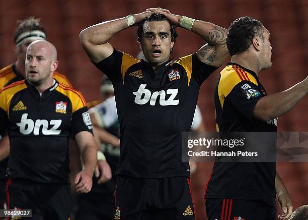 Liam Messam of the Chiefs shows his disbelief after drawing the round 11 Super 14 match between the Chiefs and the Cheetahs at Waikato Stadium on...