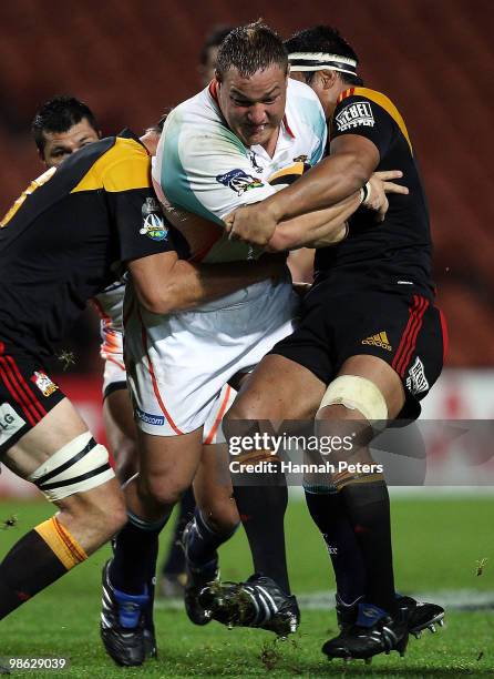 Coenie Ossthuizen of the Cheetahs charges forward during the round 11 Super 14 match between the Chiefs and the Cheetahs at Waikato Stadium on April...